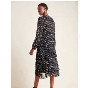 Maeve by Anthropologie black midi dress with white polka dot.